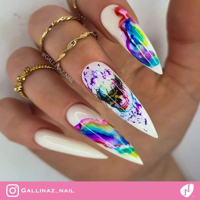Rainbow Marble Smoke with Skull Accent Nail